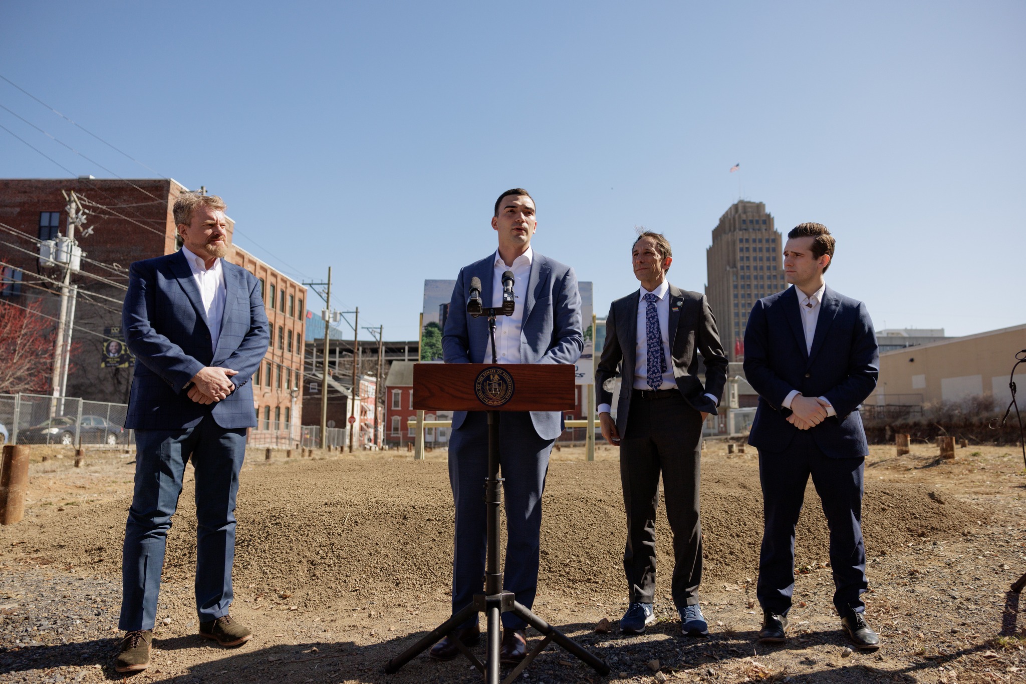 PA Sen. Nick Miller and Allentown Mayor Matt Tuerk at an Allentown groundbreaking.
